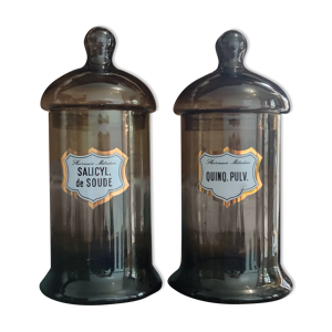 Paire de pots à pharmacie vintage en verre fumé