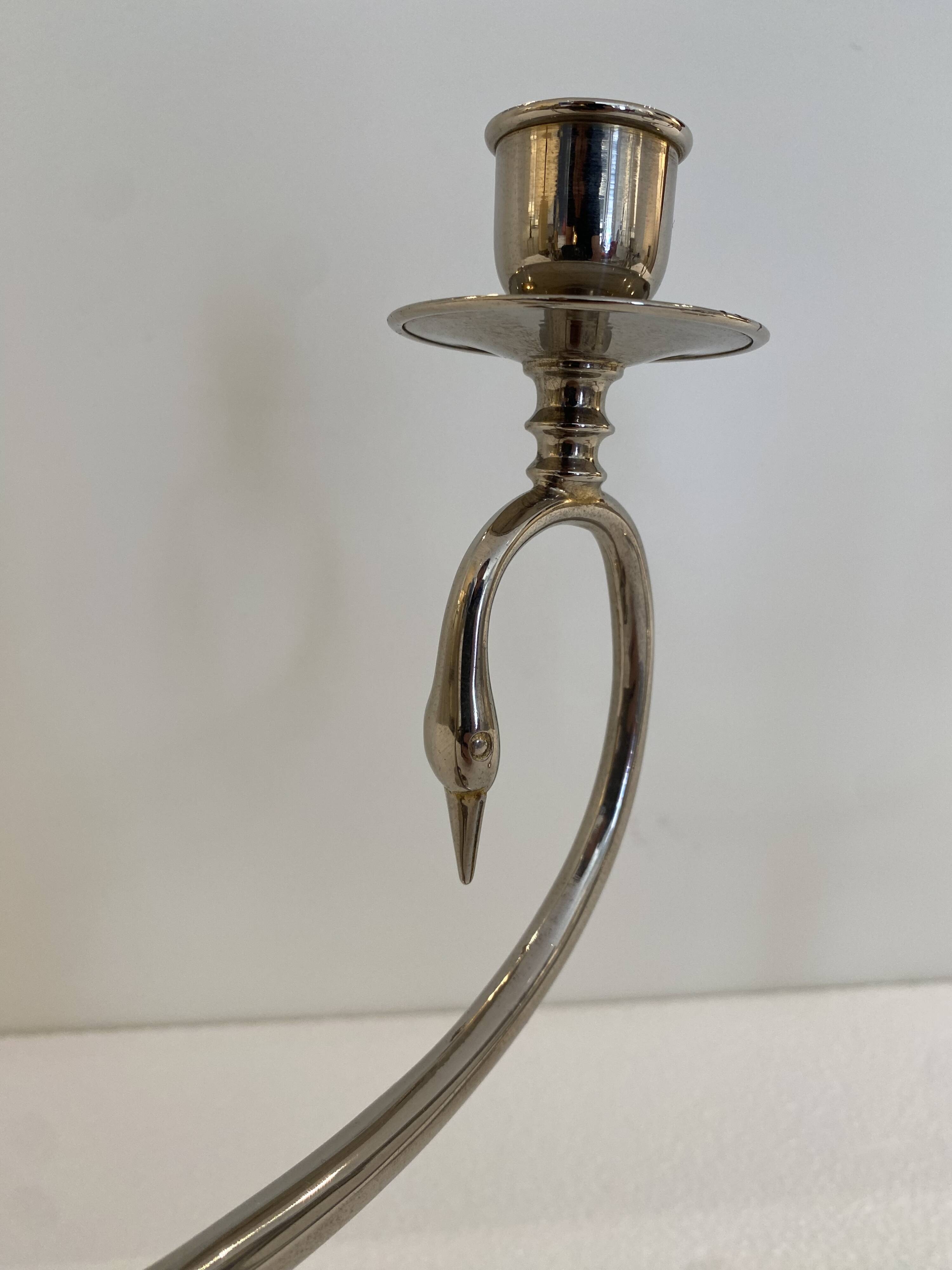 Silver Plated Pair Double Swan Candelabra Candleholders Sculptural 1970s