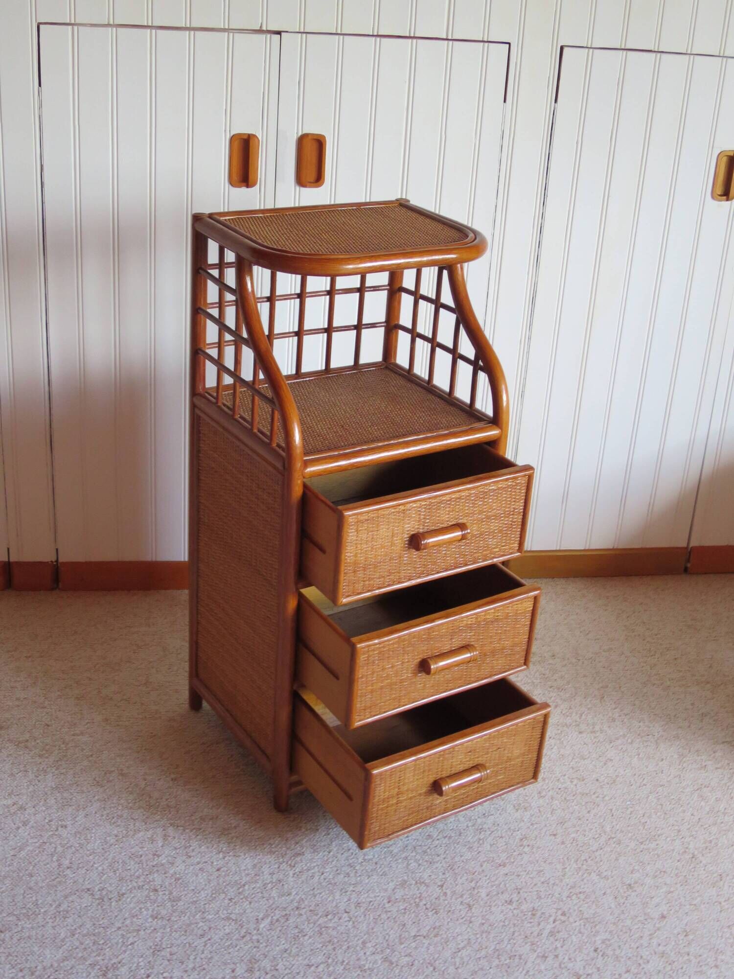 Vintage - sideboard - chest of drawers - woven rattan chest of drawers - wood - bamboo - 80s
