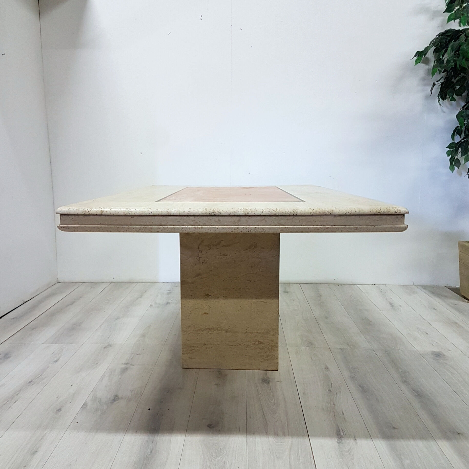 Hollywood regency travertine and pink marble dining table, Italy 1970s