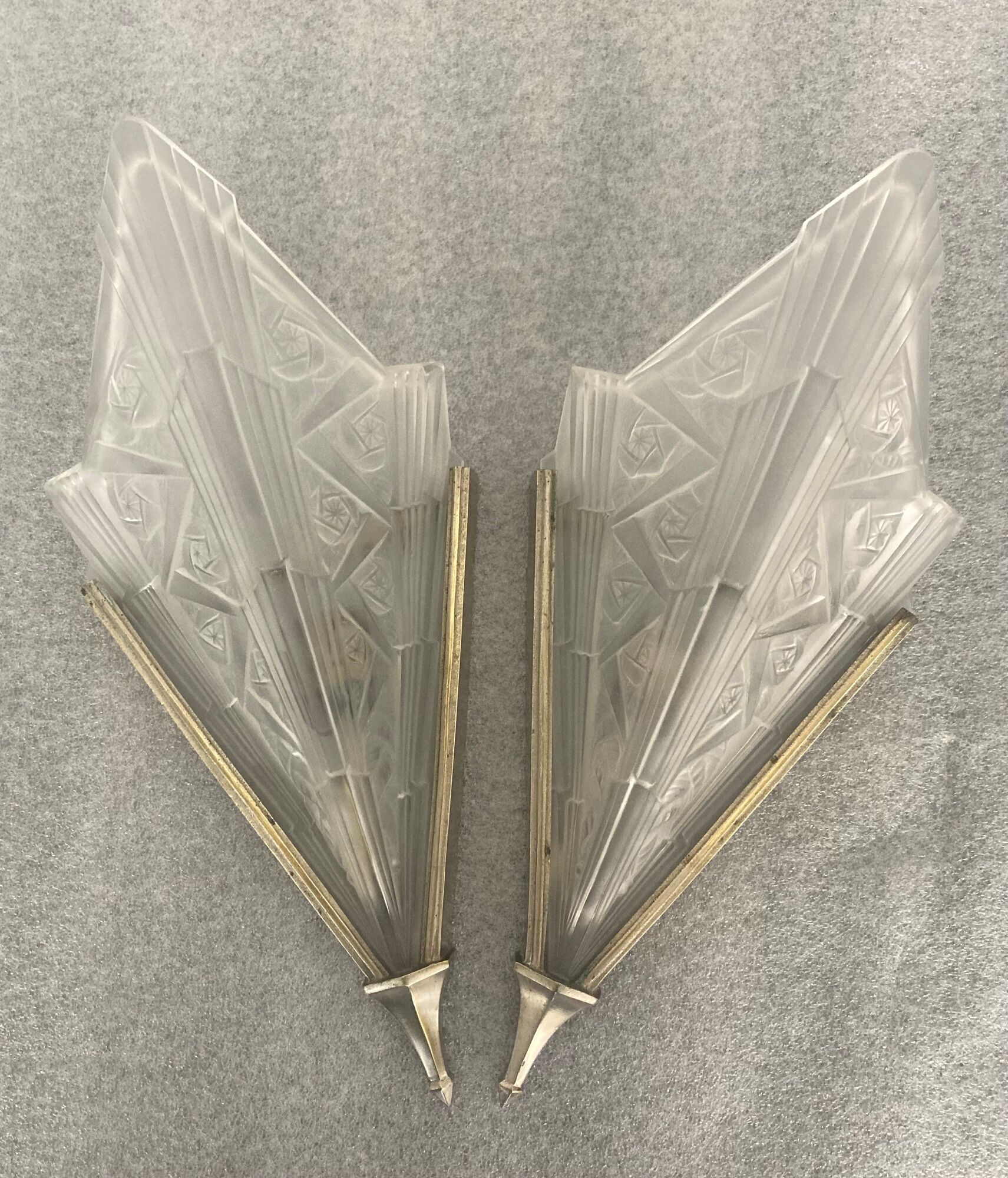 Pair of art deco metal and satin pressed glass sconces