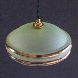 Suspension ancienne années 40 en verre granité vert avec filets dorés, douille et cable neufs