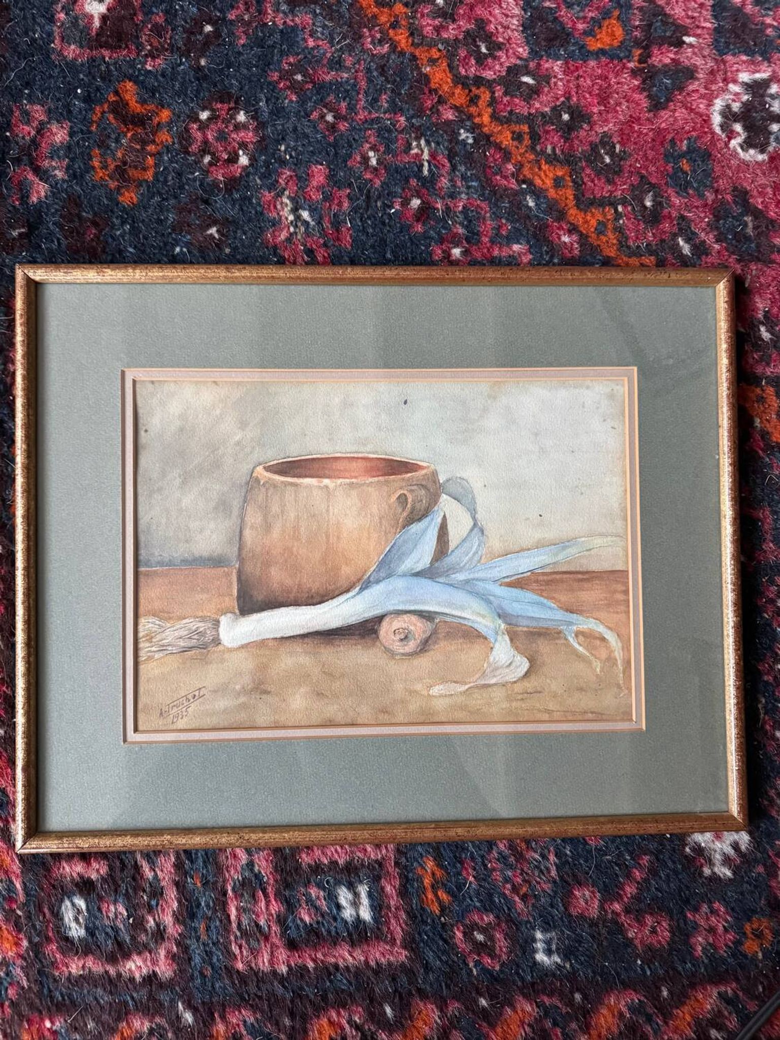 Aquarelle nature morte poireau ancienne 