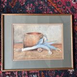 Antique watercolor still life of a leek