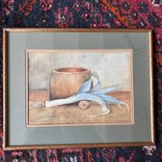 Aquarelle nature morte poireau ancienne 