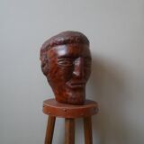 Wooden sculpture ethnic man's head handcrafted tribal decorative object workshop