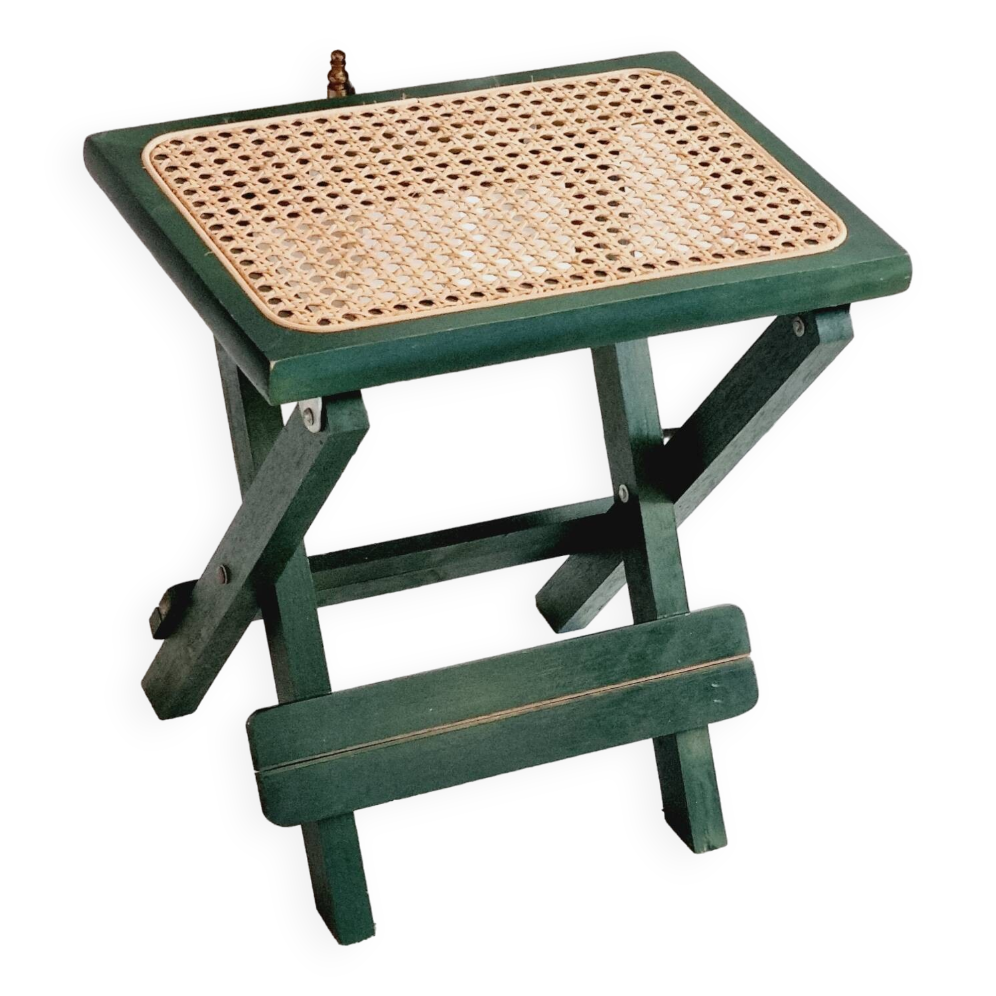 Small folding stool in green wood and cane