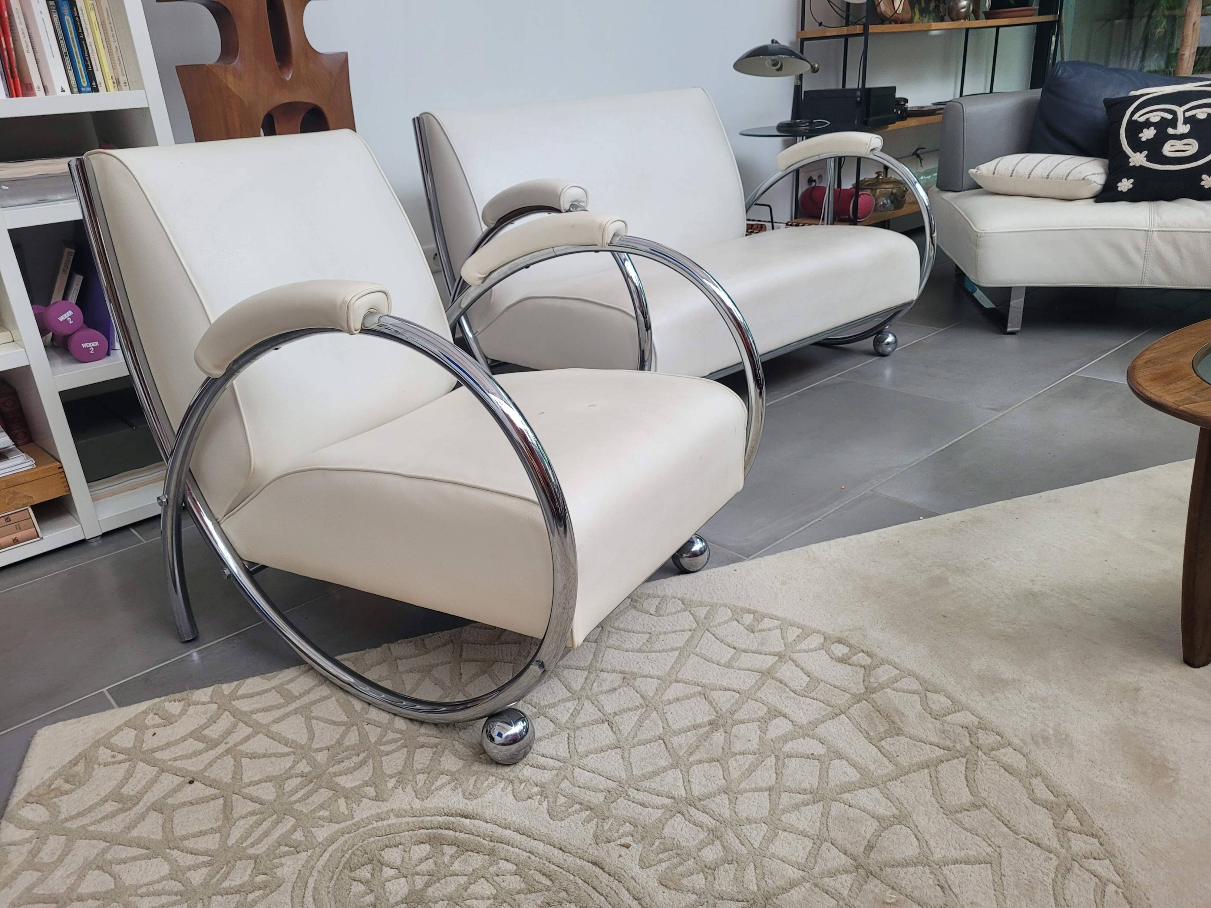 Sofa and armchair with chrome tubular structure modernist style