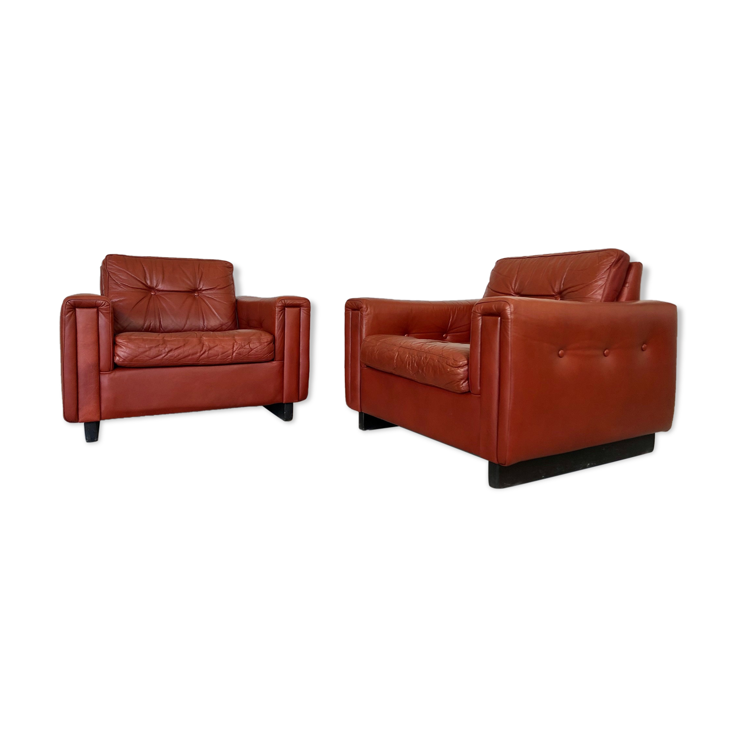 Vintage danish mid century cognac leather lounge chairs 1970,s
