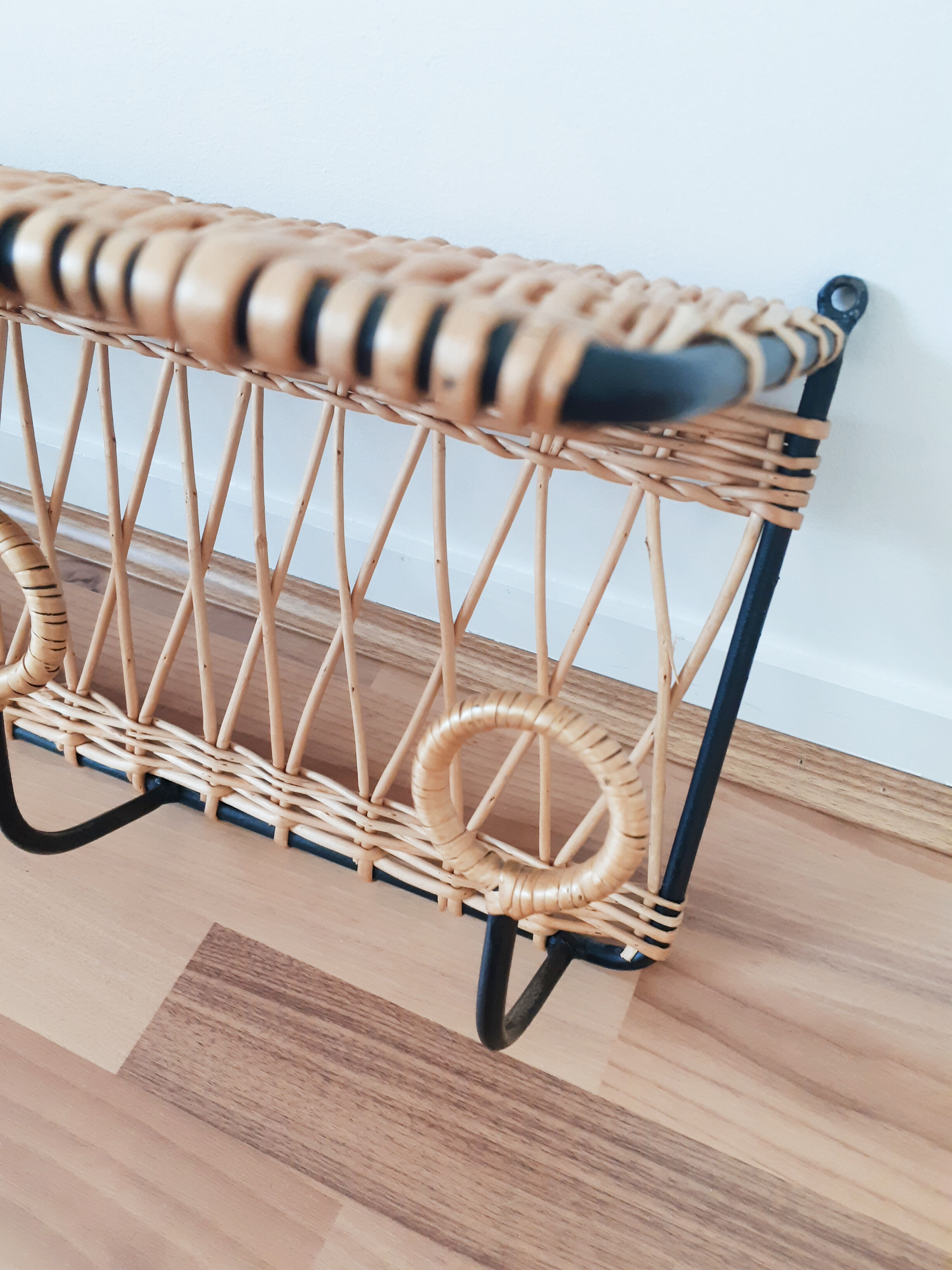 Rattan and metal shelf, coat racks, 50s