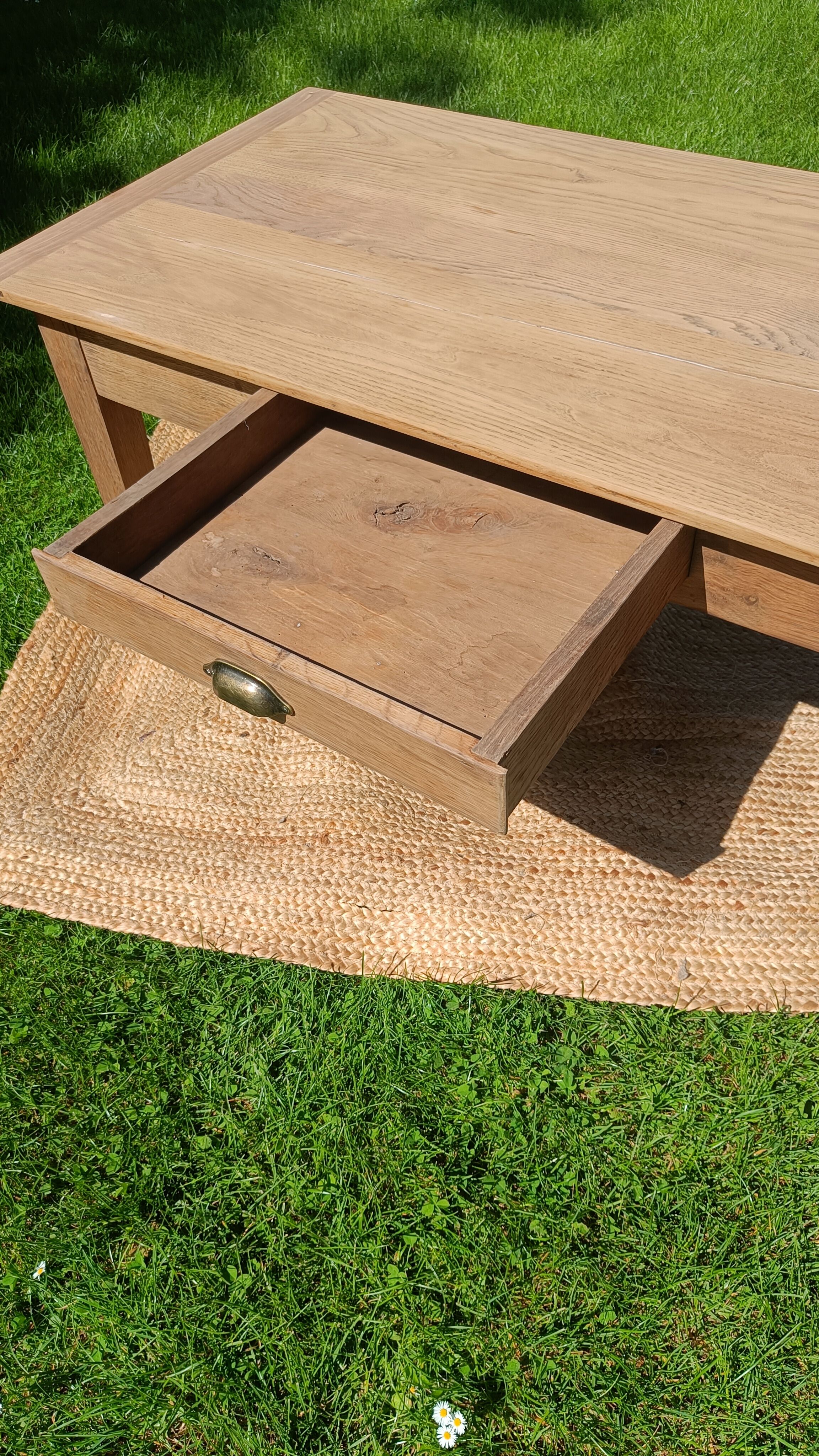 Large restored antique coffee table in solid oak.