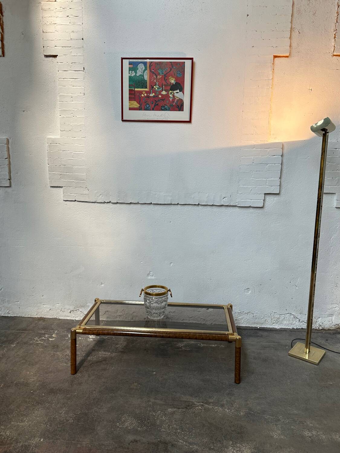 Gold-tone metal and imitation elm burl coffee table