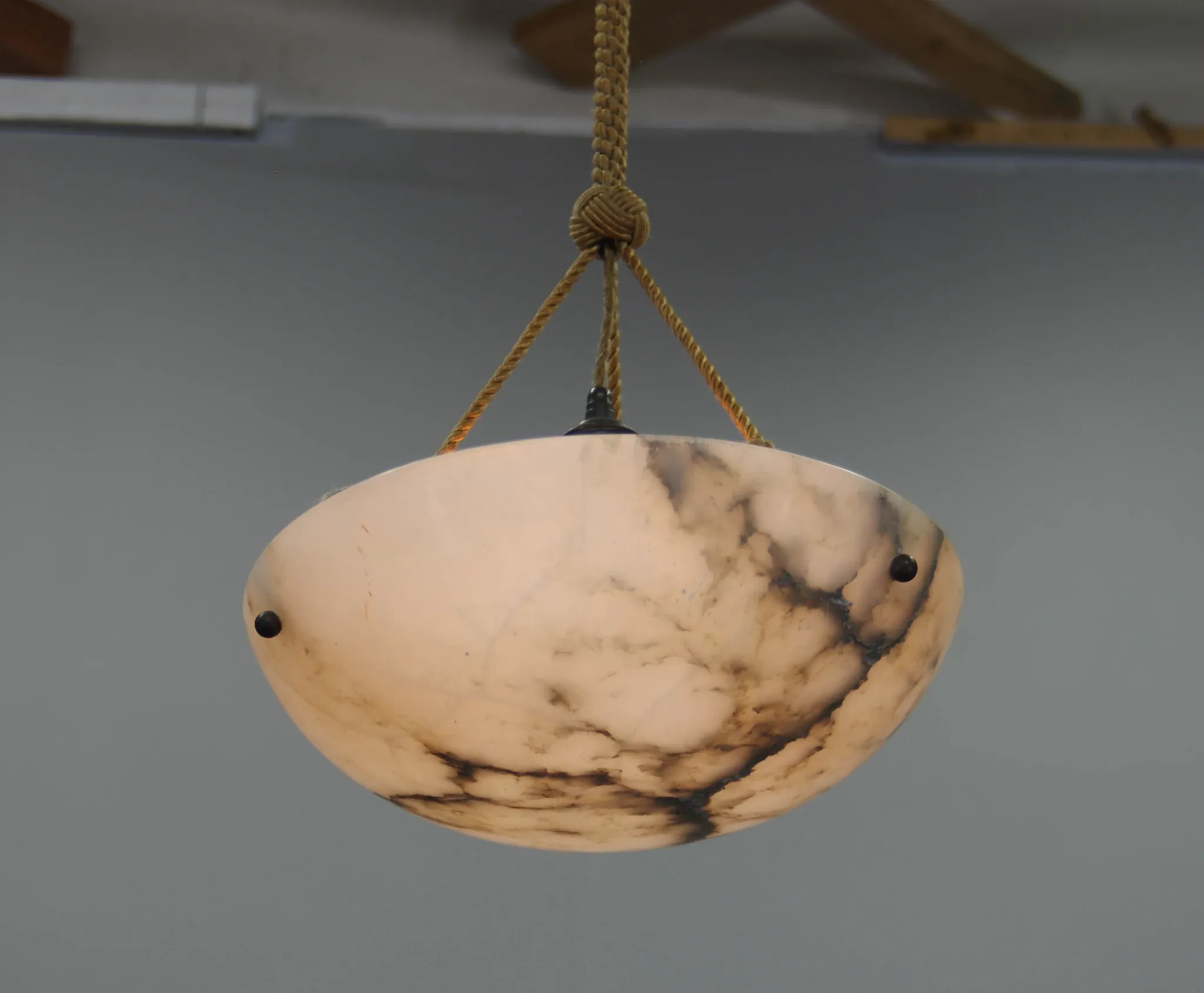 Art Deco Alabaster Pendant Light, Hand-Carved, 1920s