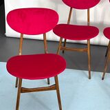 Set of four red velvet and wood dining chairs, Italy 1950
