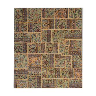 Green patchwork carpet handmade re-woven persian area rug- 200x225cm