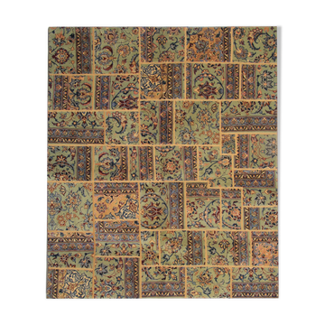 Green patchwork carpet handmade re-woven persian area rug- 200x225cm
