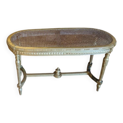 Banc / Table basse en bois doré de style Louis XVI vintage avec dessus en cannage