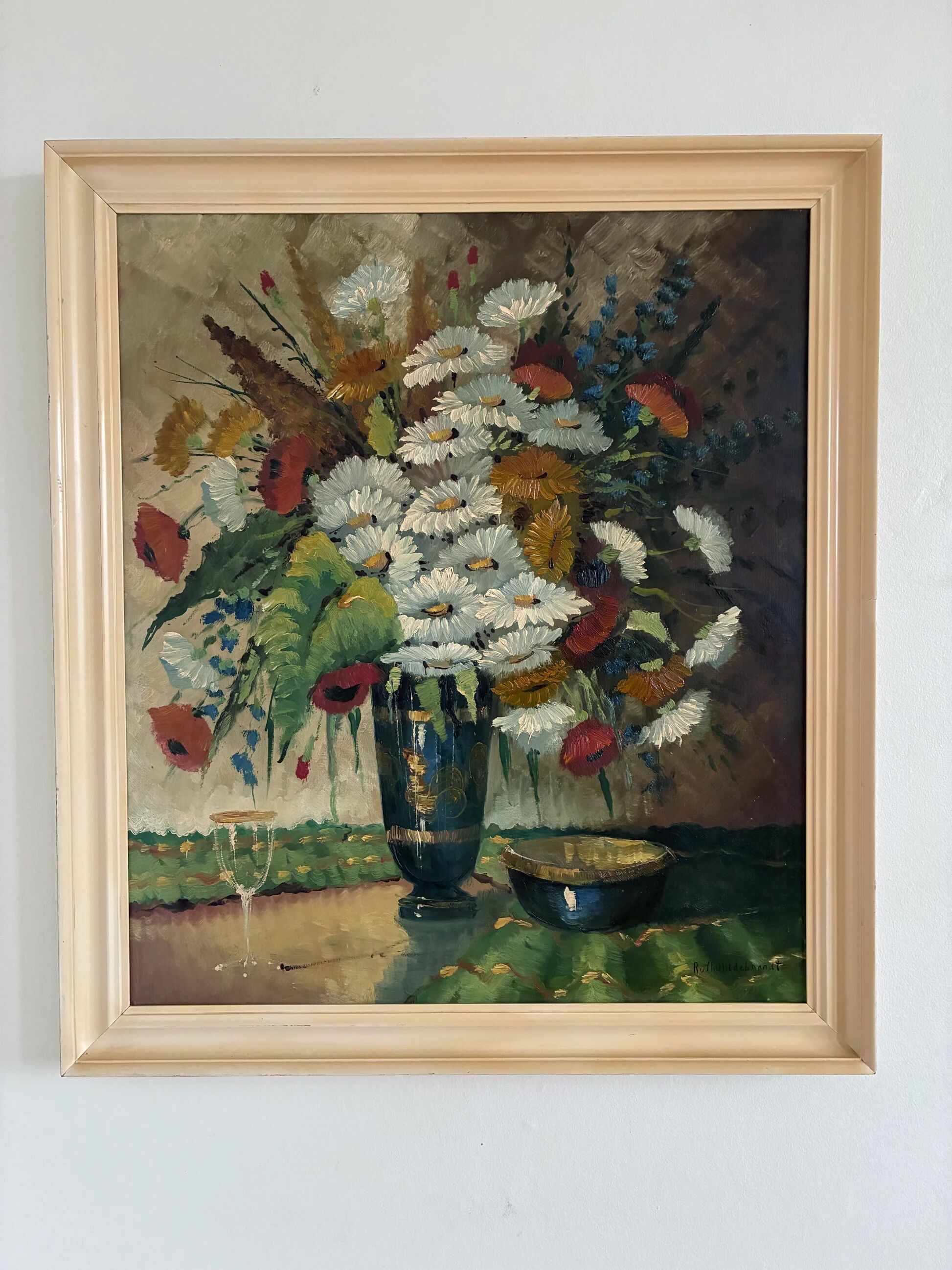 Vintage original floral oil painting with wildflowers in blue vase