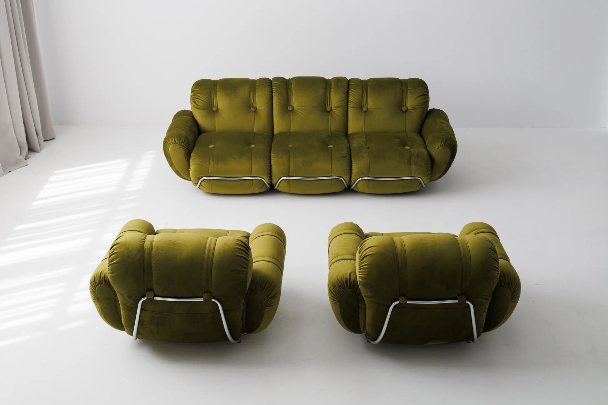 Three seater sofa and armchairs dining set by Adriano Piazzesi, reupholstered olive velvet