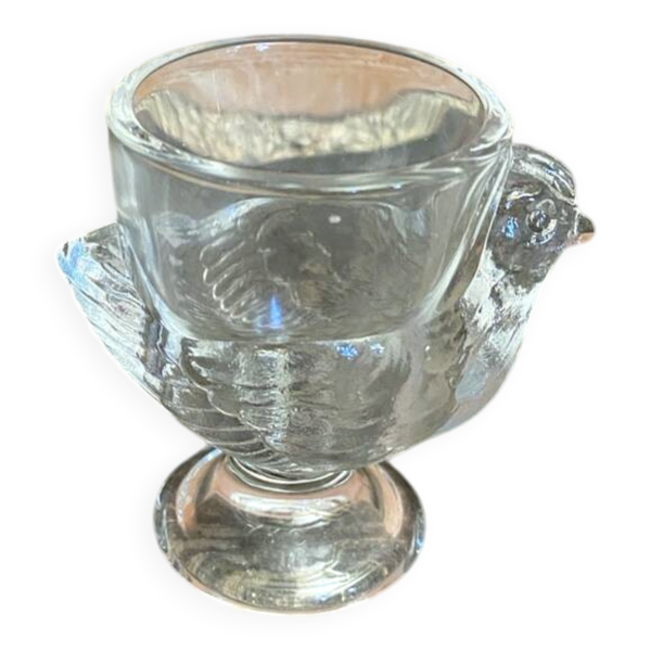 Coquetier ancien œuf forme poule verre moulé transparent vintage