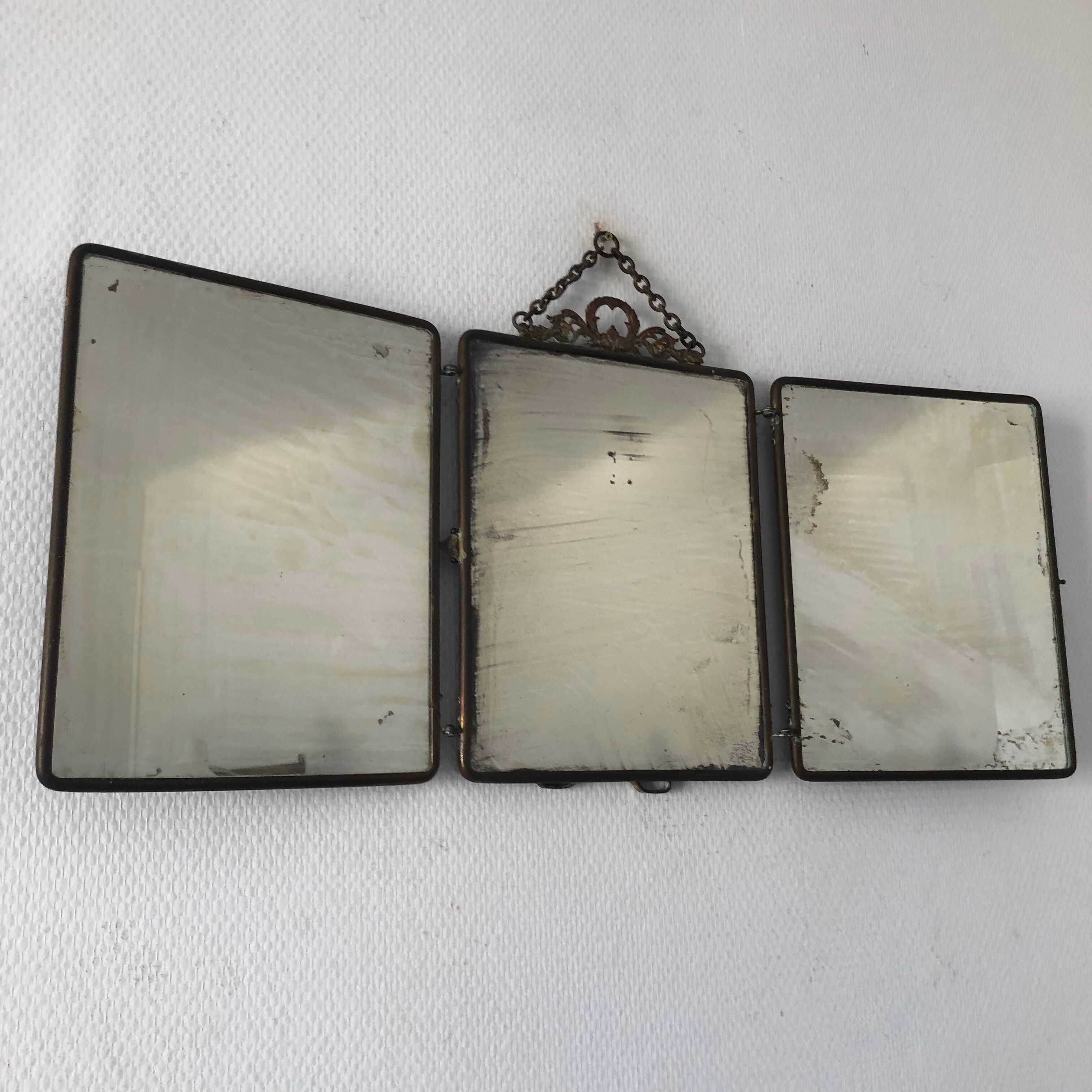 Mirror triptych Barber brass nickeled vintage 1920, 28x67cm