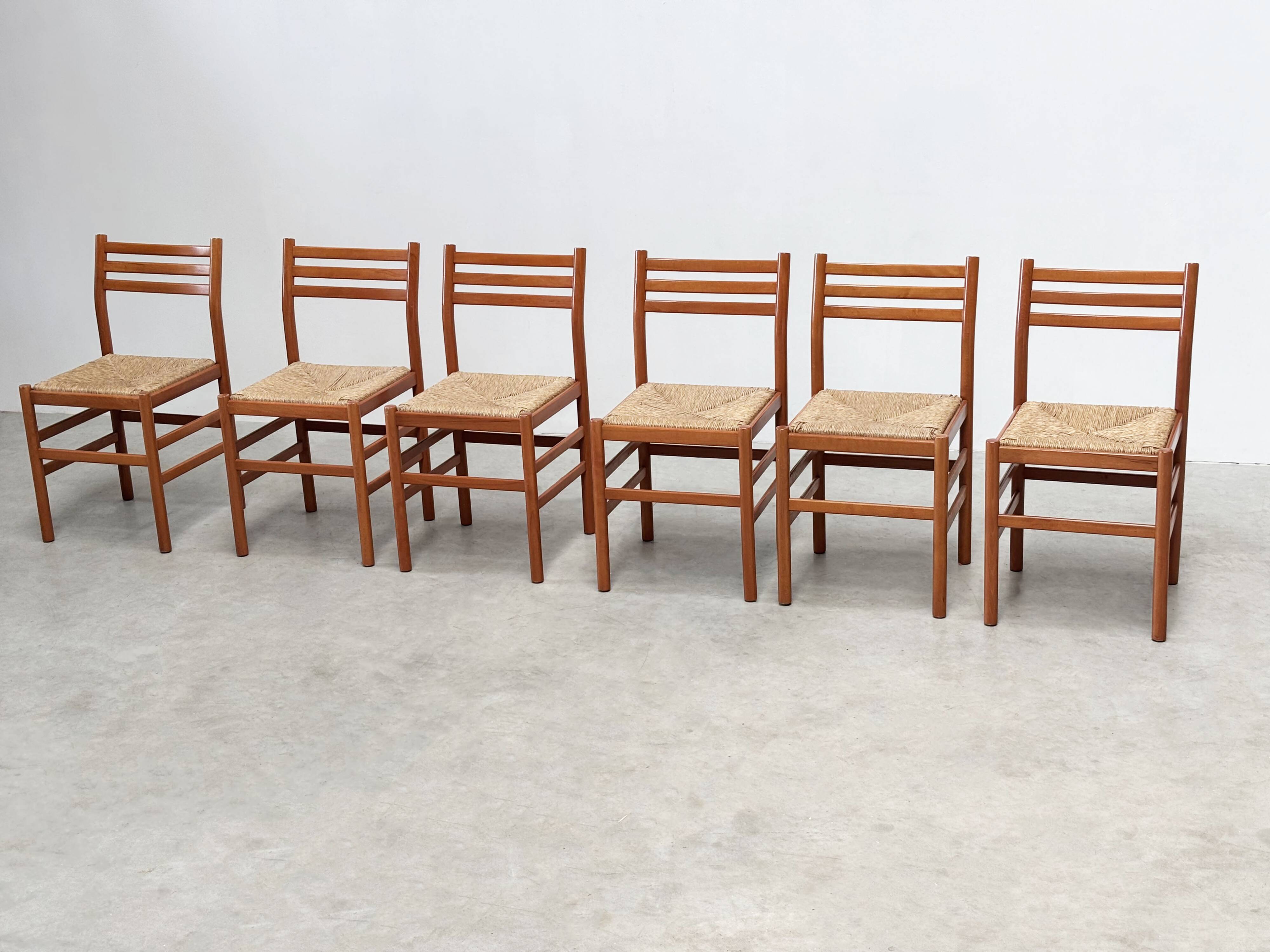 Set of six walnut and rattan dining chairs