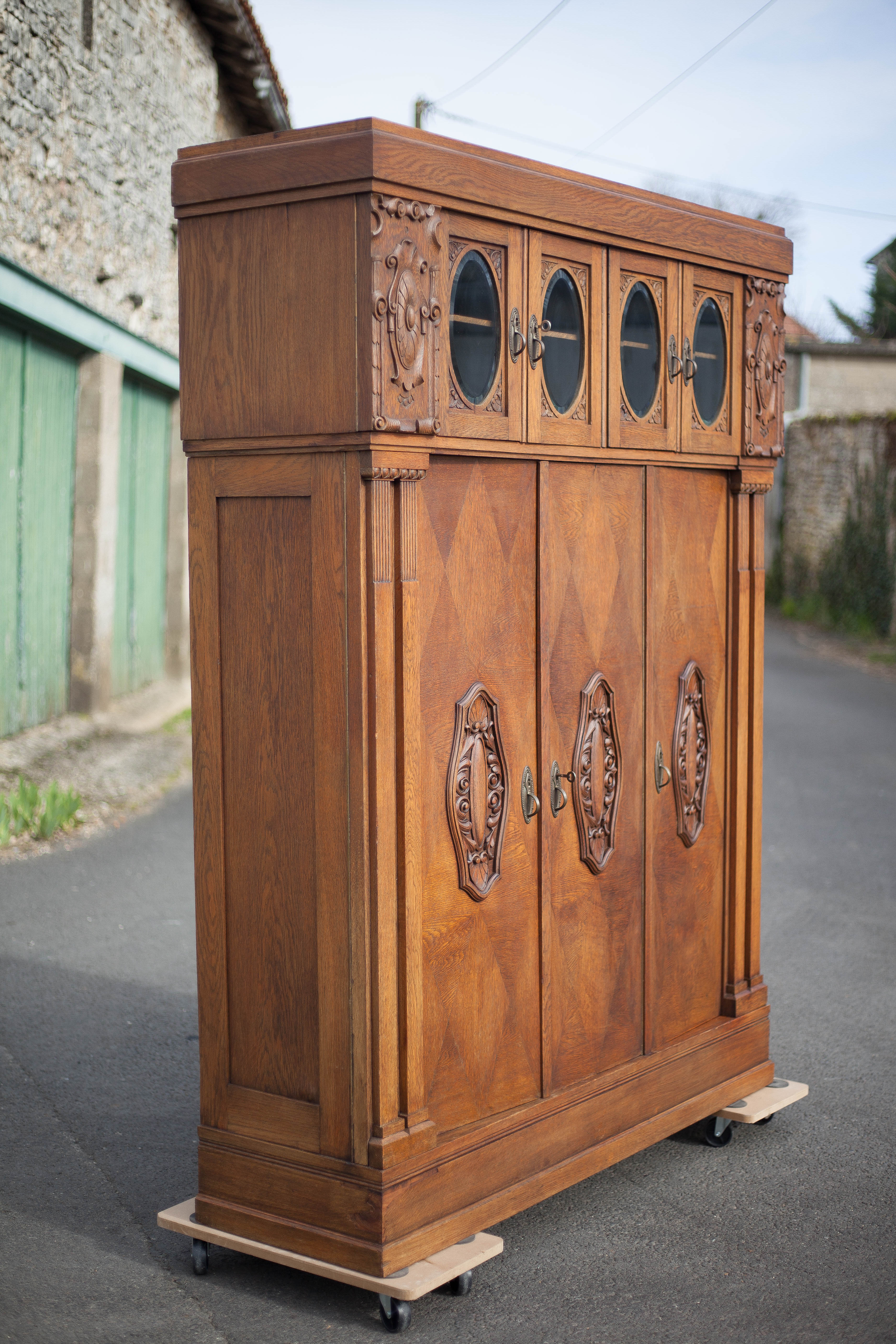 Bookcase carved wood 3 old doors, bookcase window beveled