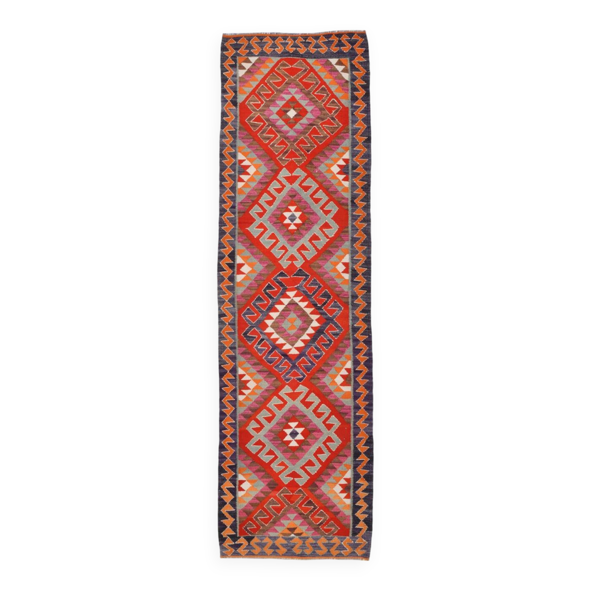 3x12 Kilim Red & Purple  Runner Rug, 102x355Cm