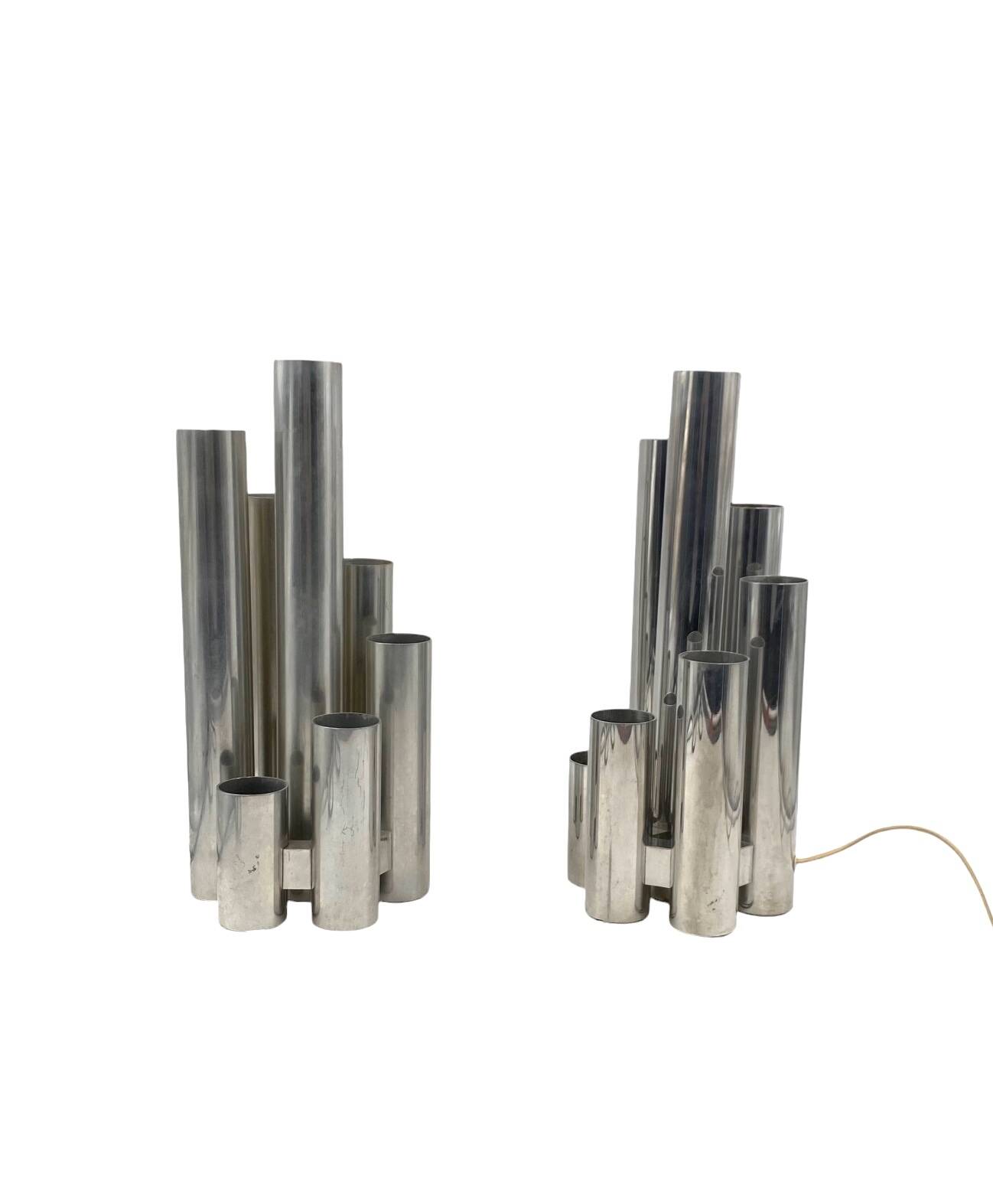 Hollywood regency set of 2 chromed table lamps, Sciolari Italy 1970s