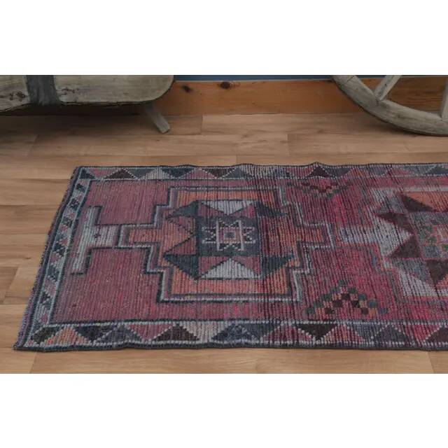 1970s Vintage Turkish Handmade Wool & Cotton Purple Runner Rug 91X359