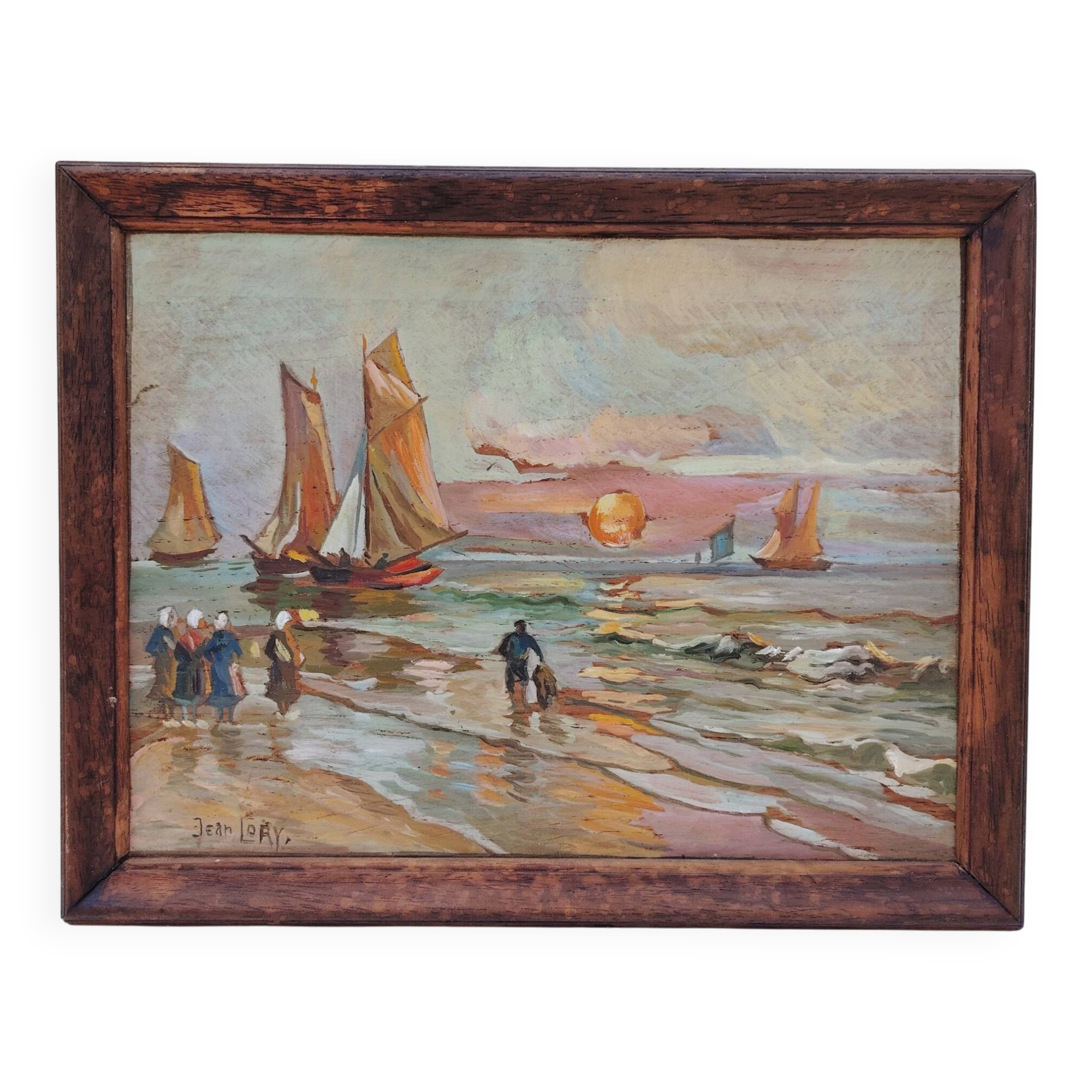 Gouache on panel, return from fishing, Jean Lory