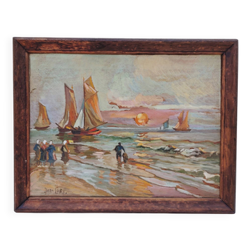 Gouache on panel, return from fishing, Jean Lory