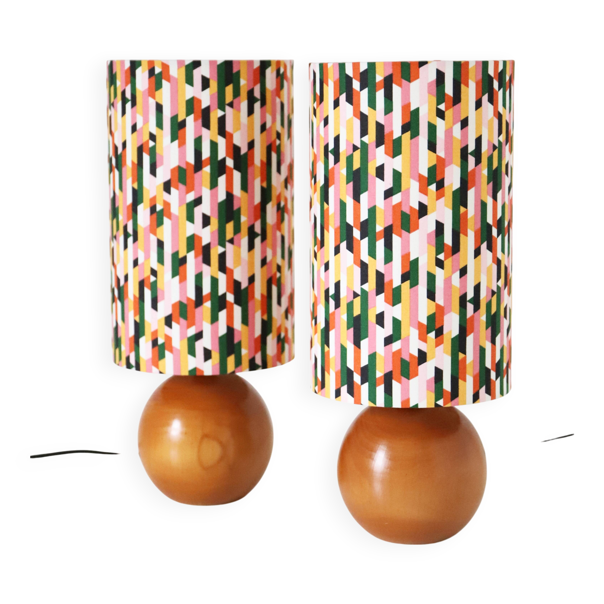 Bedside lamps, solid wood sphere base and printed cylinder lampshade