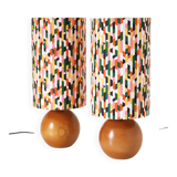 Lampes de chevet, pied bois massif sphère et abat-jour cilindre imprimé