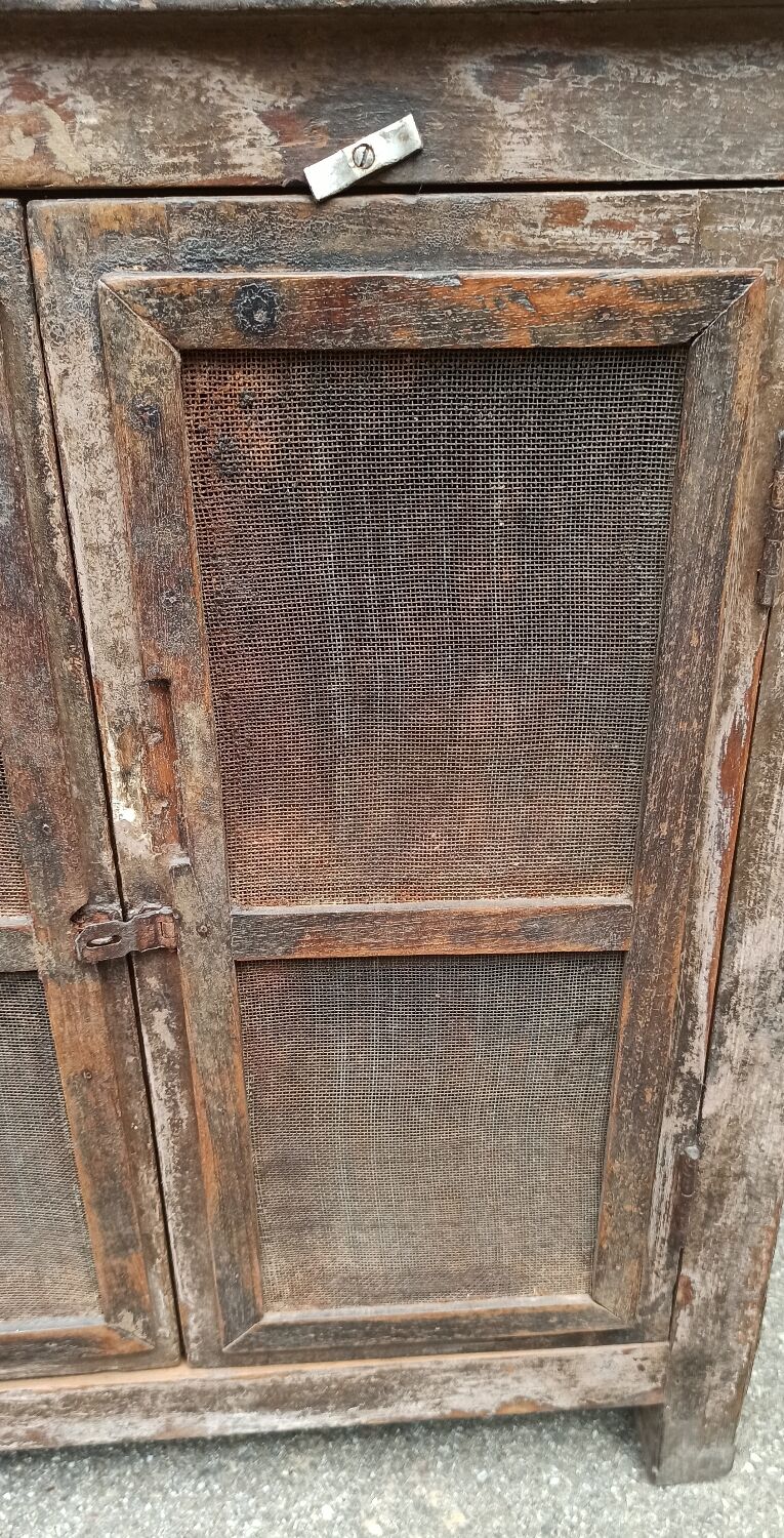 Antique wooden and metal accent furniture with mesh doors