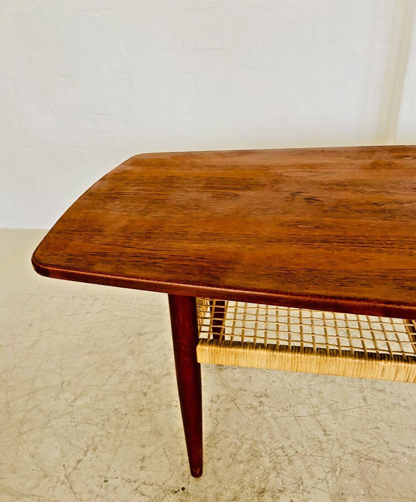 Vintage Danish mid-century teak and rattan coffee table 1960s