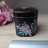 Ancienne boîte en céramique noire avec couvercle décor floral