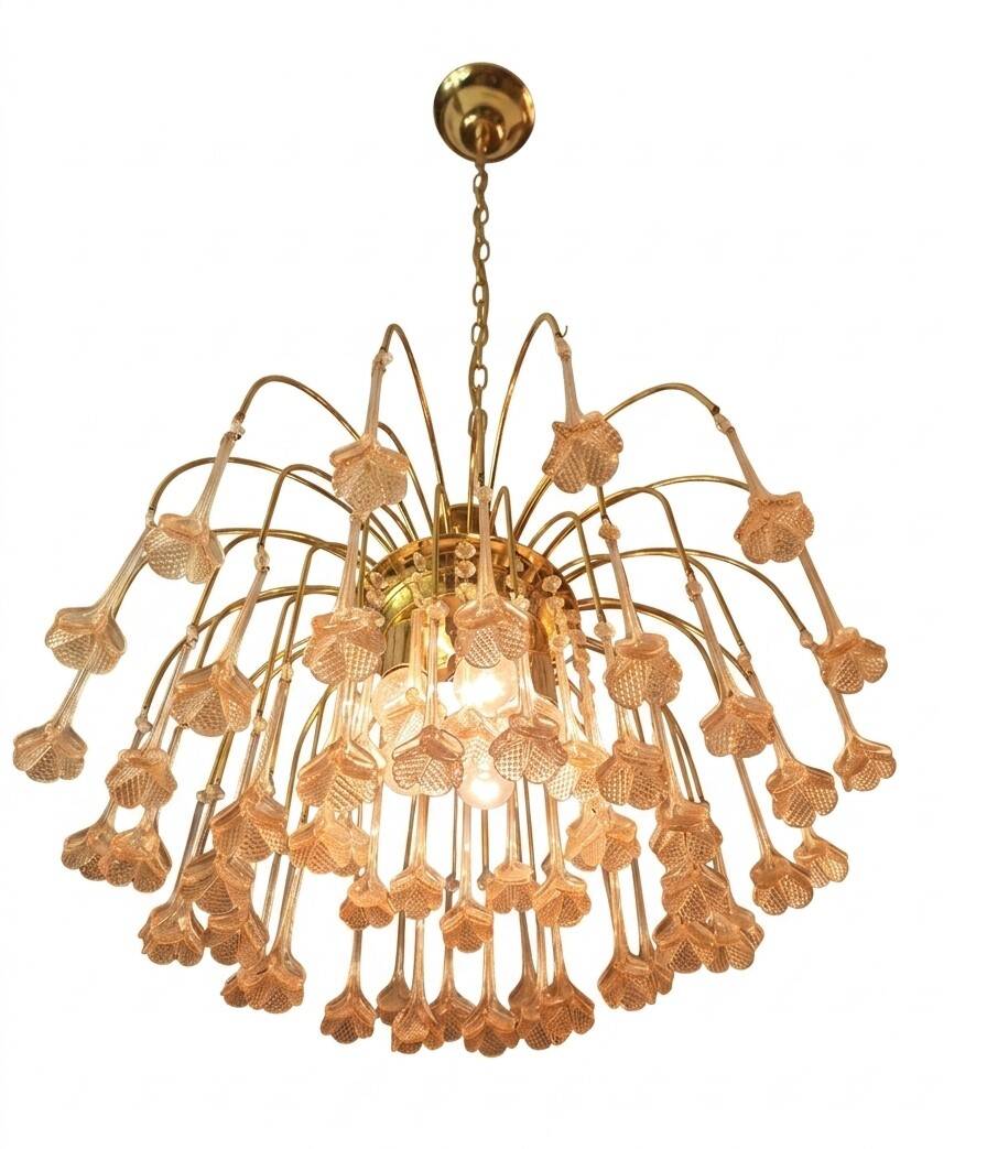 Vintage chandelier rain gold with handmade Murano glass pink flowers.