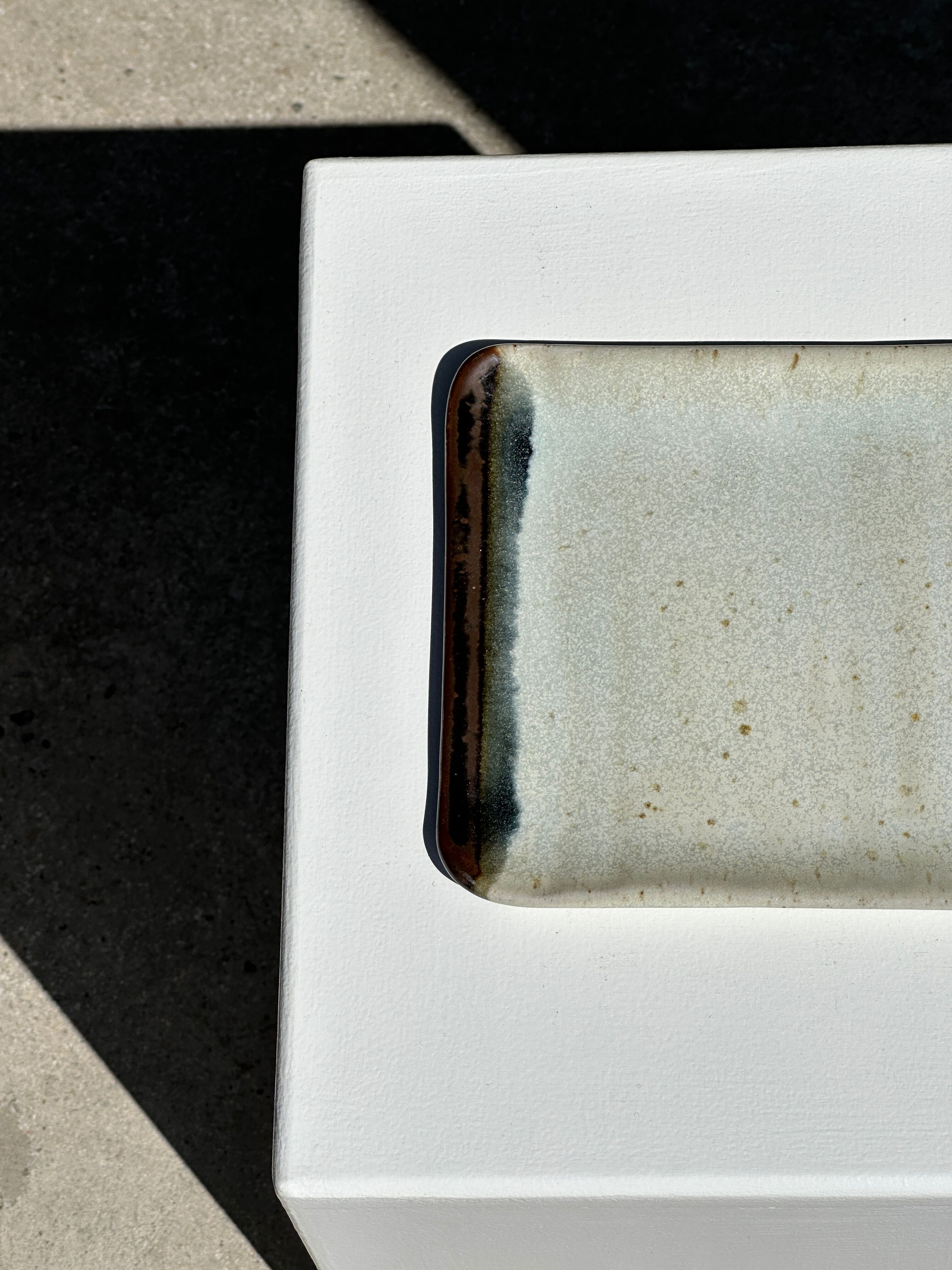 Trio of small rectangular serving dishes white and black Indonesian ceramic 21x16