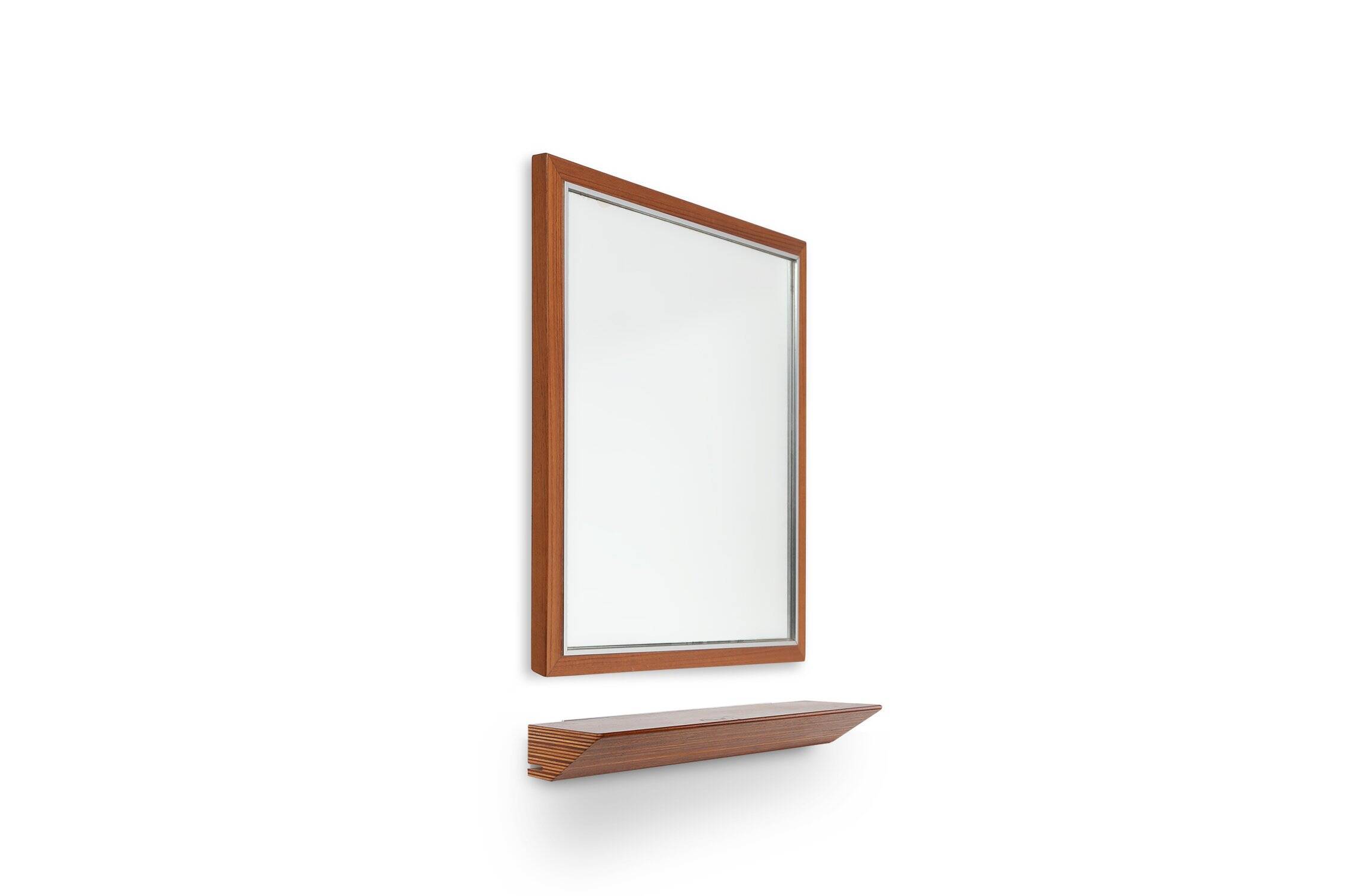 Miroir en teck du milieu du siècle avec étagère attribué à De Coene, Belgique, années 1960.