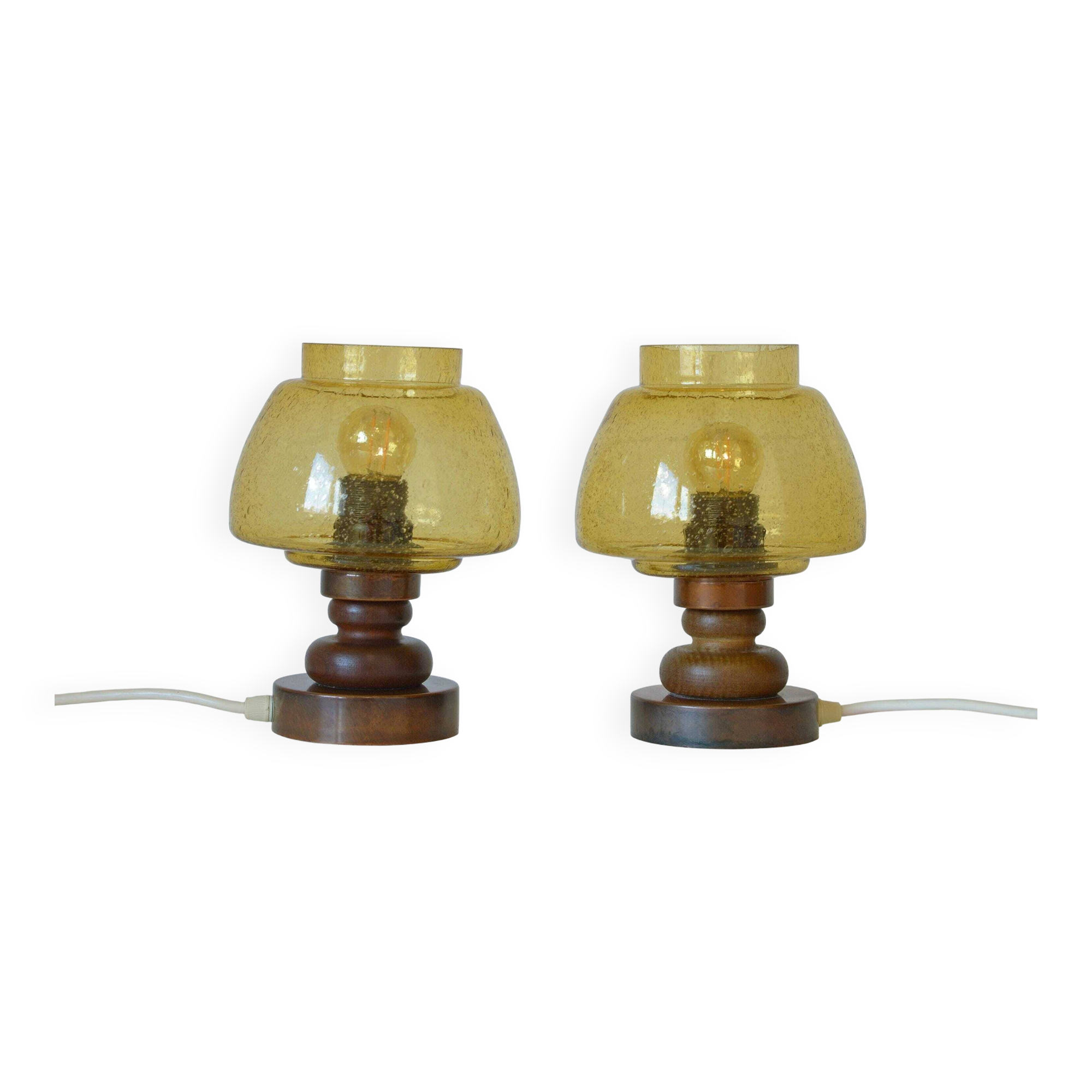 Pair Vintage Amber Glass Bedside Lamps, Copper Wood, Yugoslavia 1980s