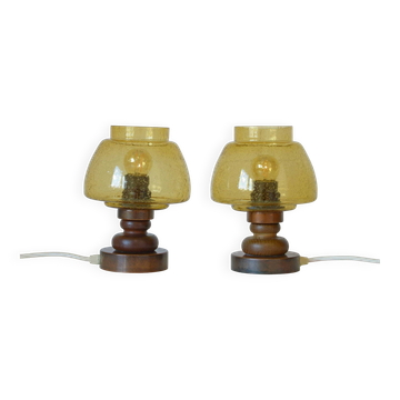 Pair Vintage Amber Glass Bedside Lamps, Copper Wood, Yugoslavia 1980s