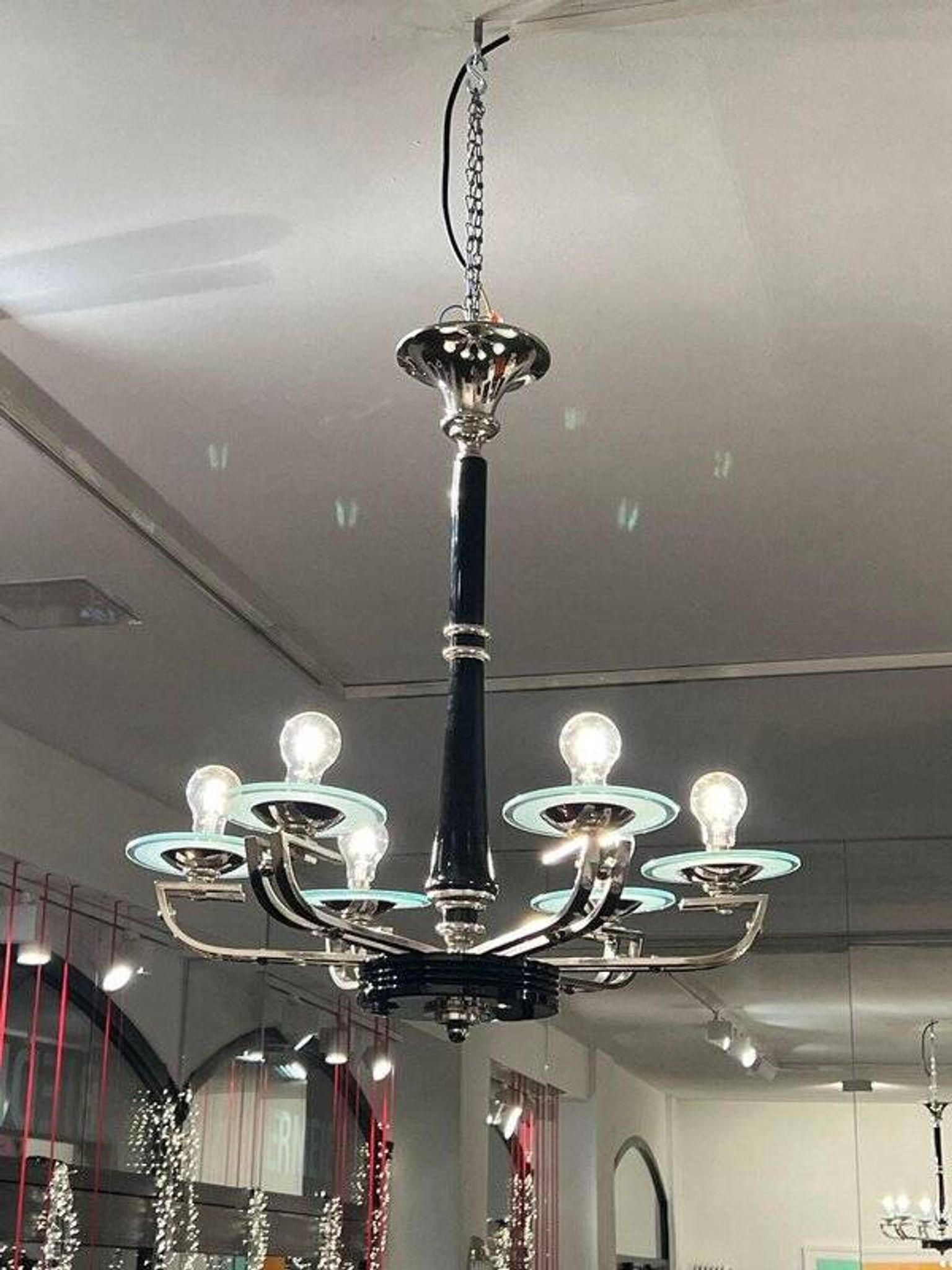 Chandelier Art Déco en laque noire et verre, 1930