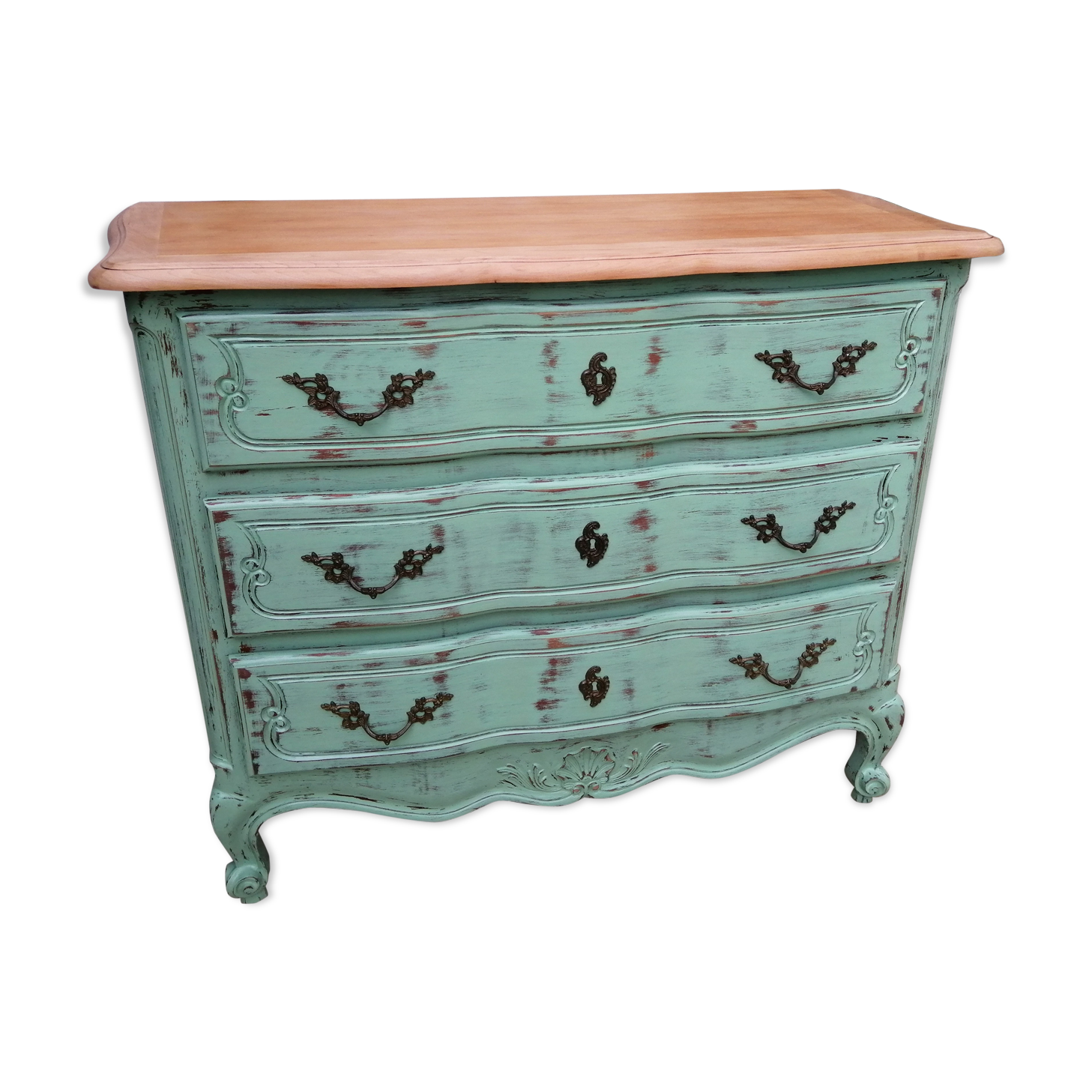 Commode style Louis XV vert eucalyptus plateau bois brut