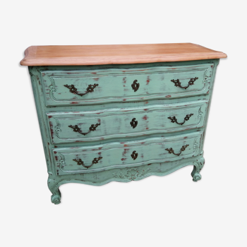 Commode style Louis XV vert eucalyptus plateau bois brut