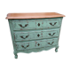 Commode style Louis XV vert eucalyptus plateau bois brut