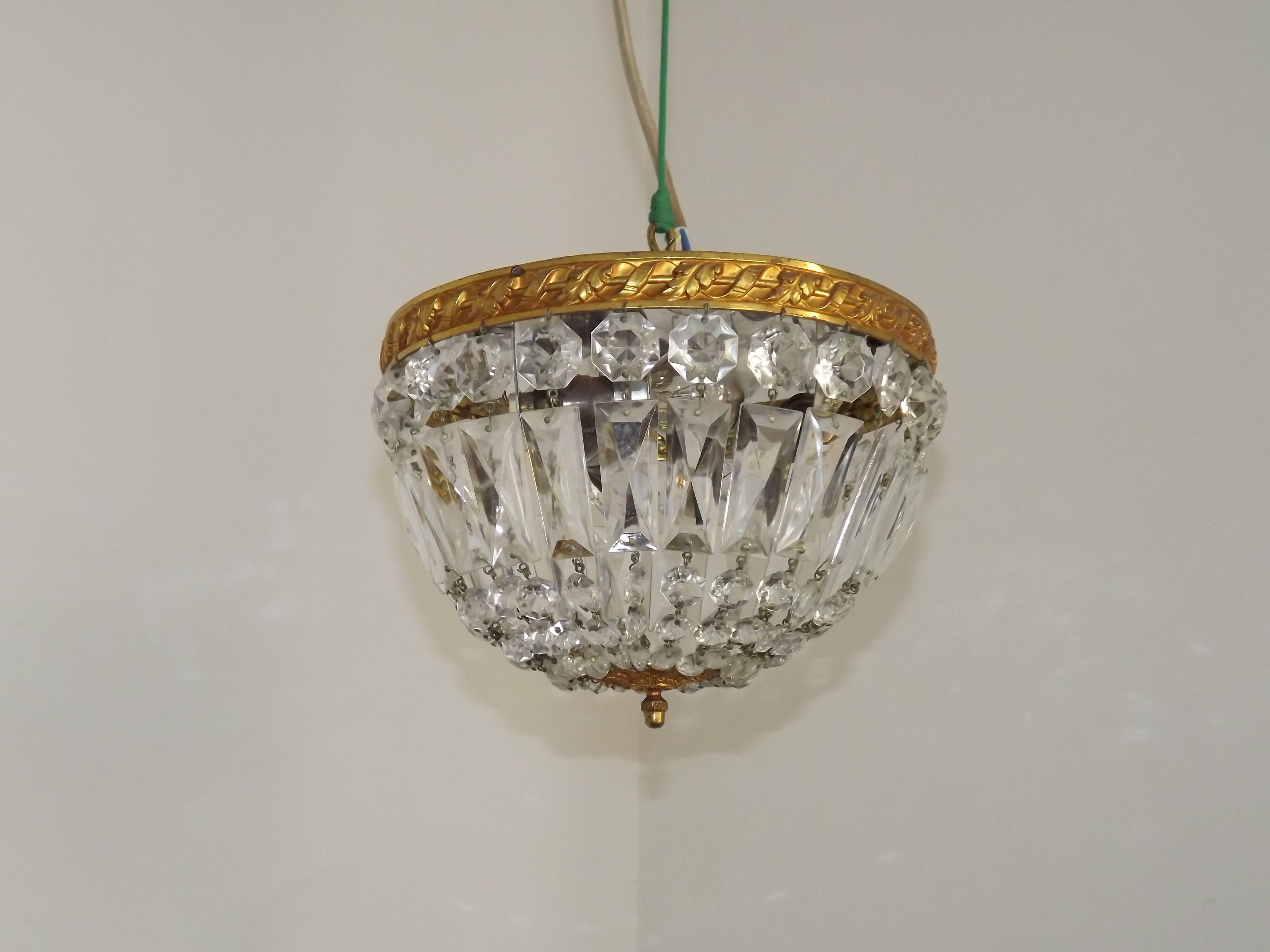 French Mid-Century Bronze and Crystal Bag Light – Flush Mount 5202