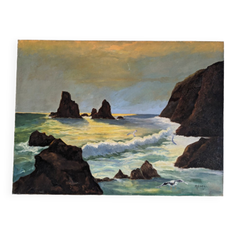 Marine painting: coast and seagulls