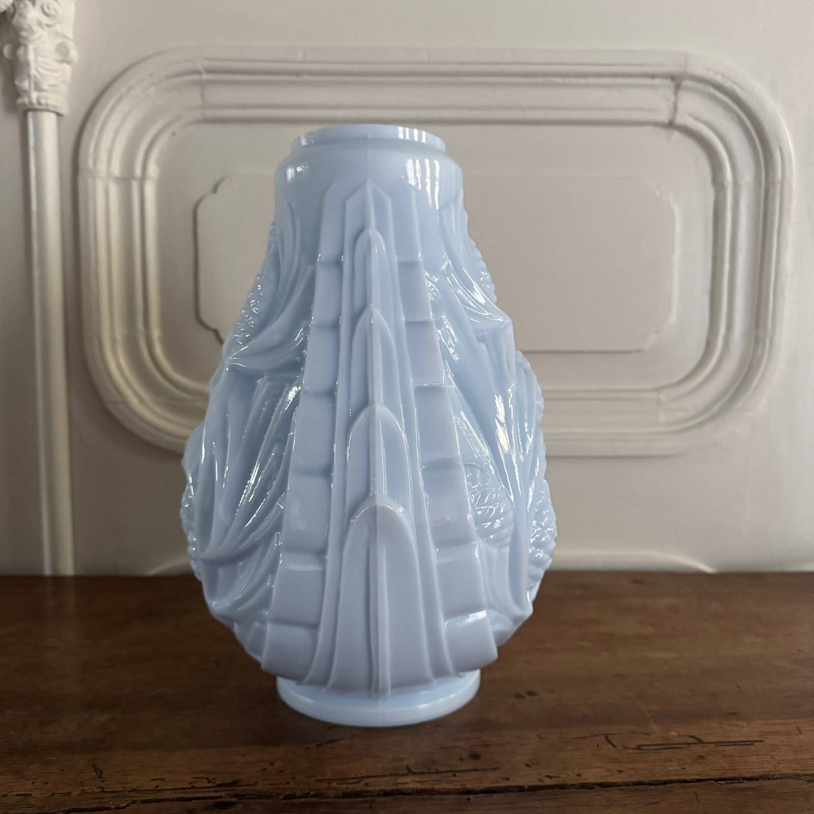 Blue opaline vase decorated with foliage and pine cones, 1930