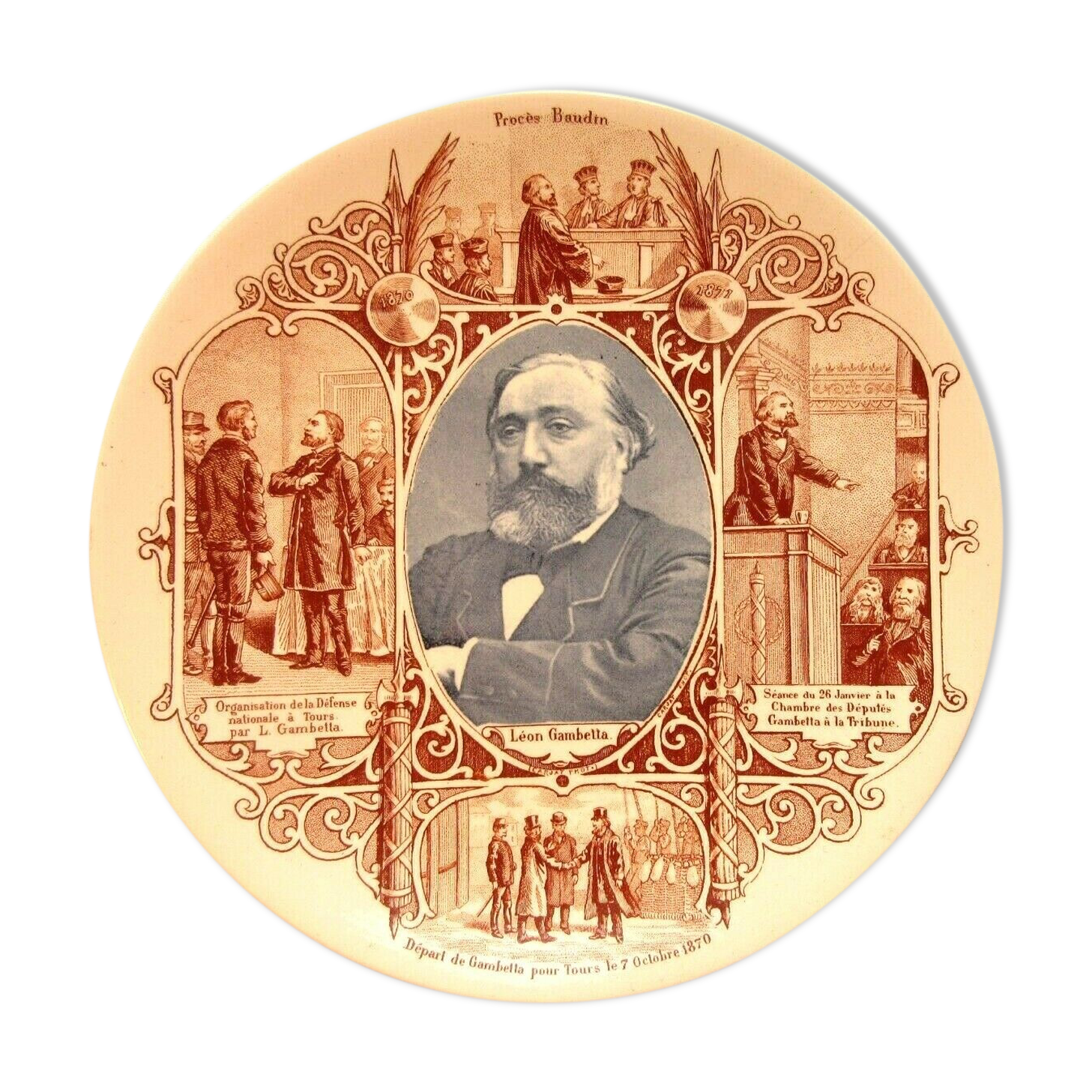 Plate Old Sarreguemines Minister Léon Gambetta 19th